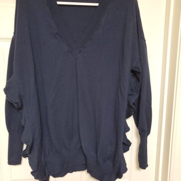 Moth Navy Wool Cotton Ruffle Slit V-Neck Sweater Medium - Picture 5 of 8